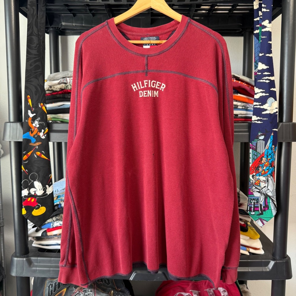 Y2K Red Tommy Hilfiger Denim Waffle Knit Thermal Shirt XL Light Marks
